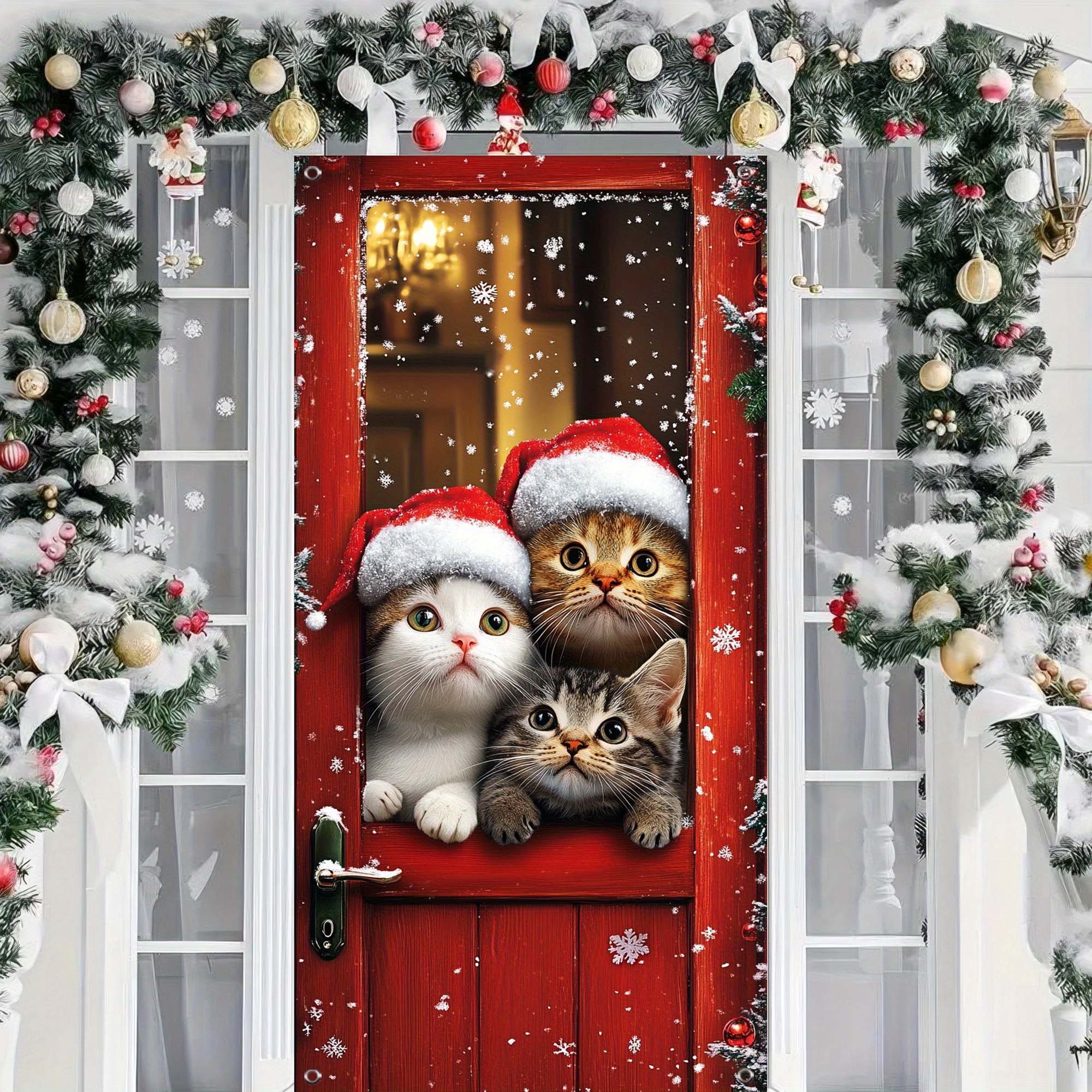 

Festive Christmas Kitten Door Decoration - 35.4in X 70.8in (90cm X 180cm) - No Power Required - Durable Polyester Fabric - Suitable For General Use - Perfect For Christmas Party Photography Backdrops