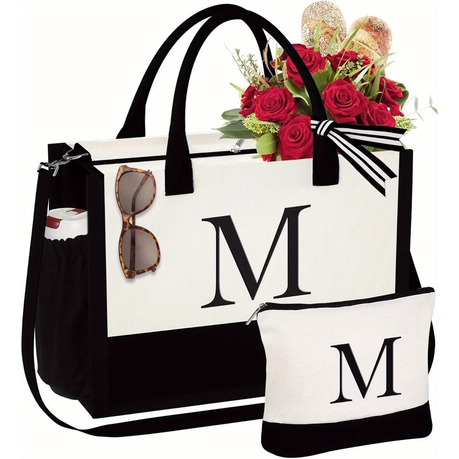 

Personalized Monogram "m" Top-handle Tote Bag With Matching Cosmetic Pouch, Lined, Zipper Closure, With Adjustable Strap For -ready Gift For Women