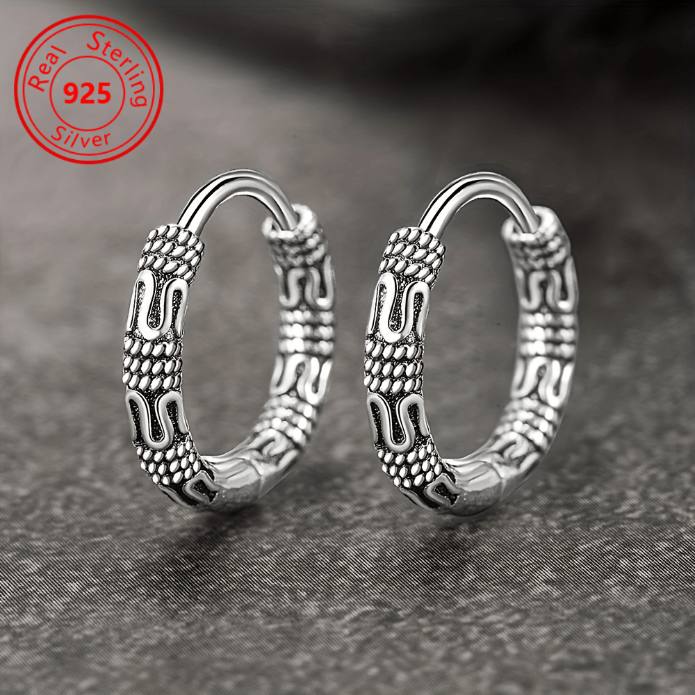 TEMU 1 Pair Of S925 Pure Silvery Bohemian Retro Exquisite Round Chain Earrings, Plated With Antique Silvery Hemp Rope Chain Earrings - Fashionable And High-end - Ear Loops And Ear Buckles