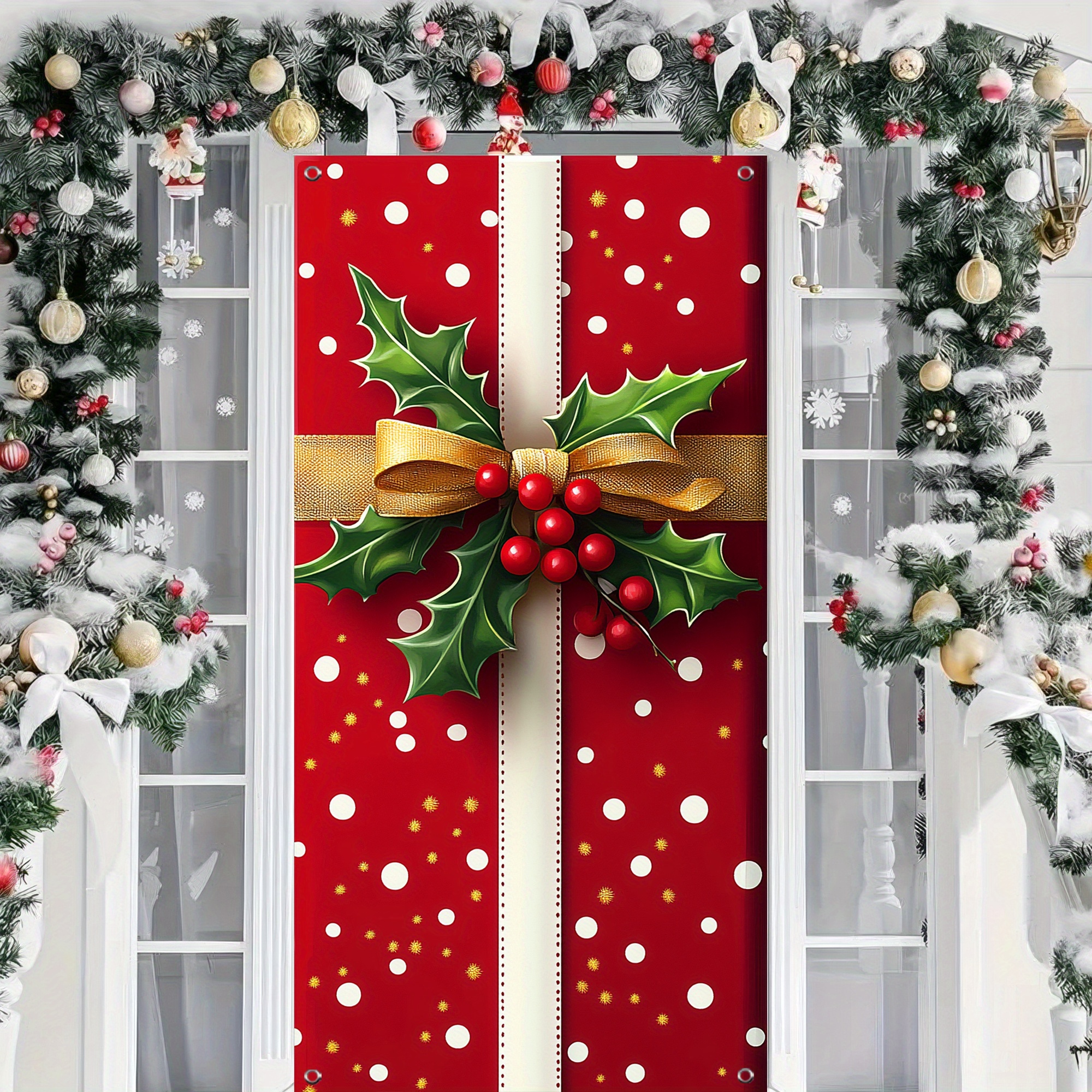 

Festive Christmas Door Cover - 35.4" X 70.8" Polyester Holiday Decoration With Gift Box Design, Perfect For Winter Celebrations & Party Supplies