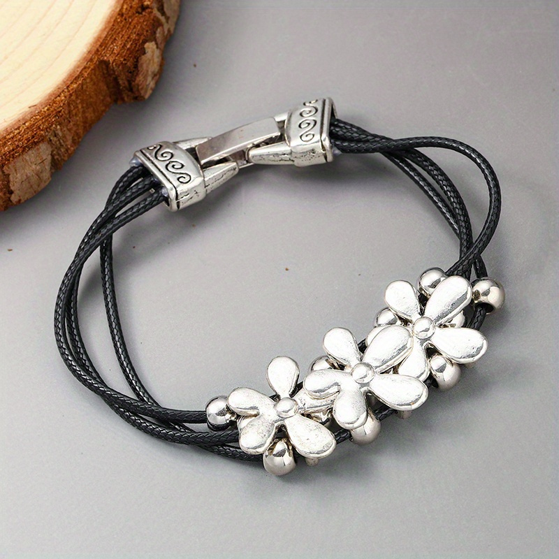 TEMU Bohemian Floral Leather Rope Bracelet, Beach Bracelet, Couple Bracelet Bohemian Style Jewelry