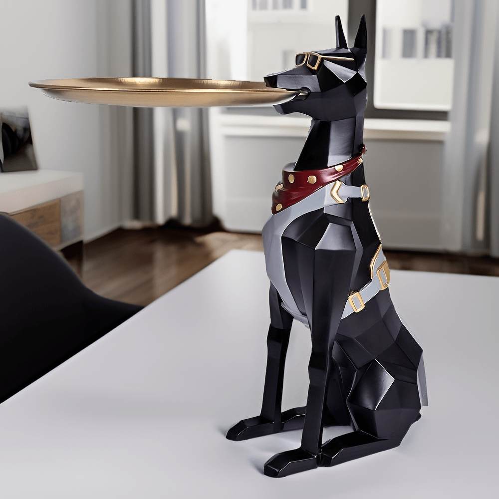 

Doberman Dog Figurine With Tray - Resin Home Decor For Keys, Phones & Snacks | Classic Animal Theme