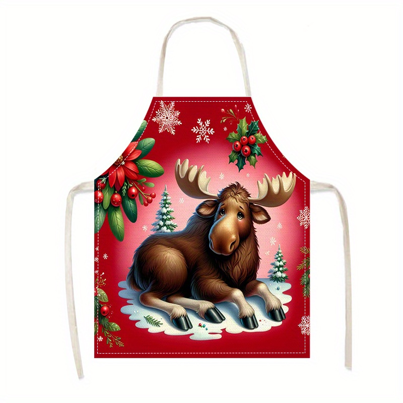 

1pc Christmas Festive Moose Apron, Creative Holiday Kitchen Wear, Unisex Linen Cooking & Grilling Apron, Home Cleaning Essentials, Woven Linen 100% Material For Men And Women