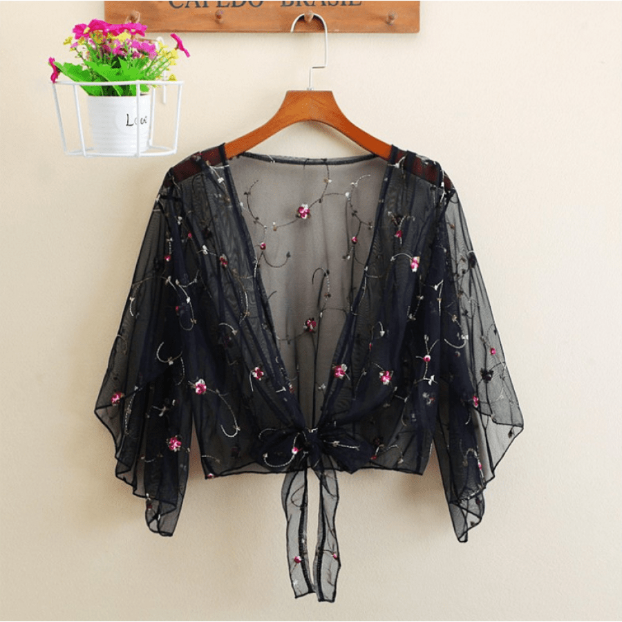 

Y2k-inspired Sheer Mesh Cardigan With Floral Embroidery - 3/4 Sleeve, Tie-front Beach Cover-up For Women, Loose Tops, Bathing Suit,