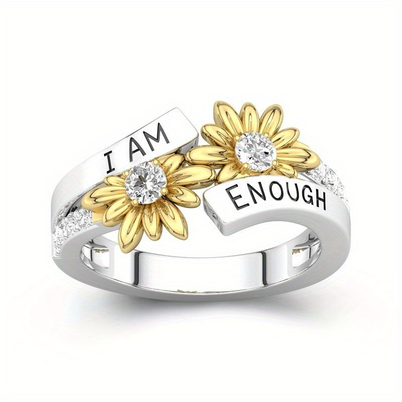 

A Stylish And Elegant Silvery Engagement Ring For Women, Featuring A Golden Inlay And Sunflower Decoration With Imitation Zirconia. Engagement, Wedding, Parties, Valentine's Day, And Birthday Gifts.