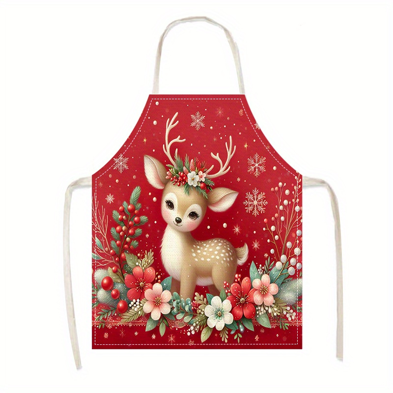 

Christmas Deer And Flowers Design Apron - Holiday Cooking And Kitchen Chores