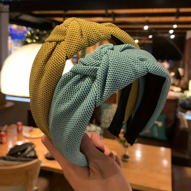 

Elegant Wide Knit Knot Hairband For Women And Girls - Chic Blue & Yellow, Handmade Polyester Headband With Black Band - Stylish & Comfortable Hair Accessory For , Hair Accessories