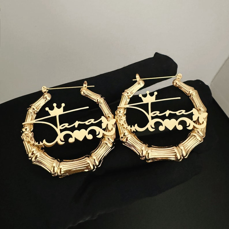 

Custom Name Hoop Earrings, 2 Pcs Set, Personalized Stainless Steel Bamboo-style Large Hoops, Fashionable Crown Design, Ideal For Birthdays, Holidays & Special Occasions