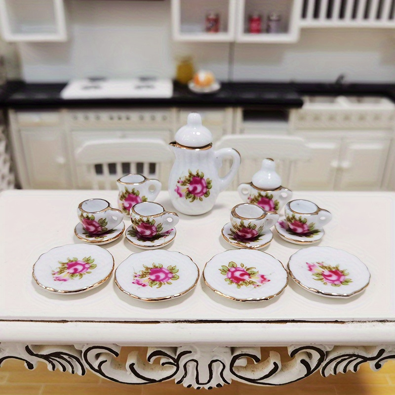 

15-piece Miniature Dollhouse - 1:12 Scale Fine Floral Chinese Ceramic Kitchen Porcelain Play Set - Ideal For 3-8 - Dollhouse Accessory & Pretend Play Toy - Perfect Christmas Gift