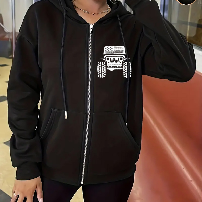 

Women's Zip-up Hoodie With Car Print - Knit Polyester Fabric, Casual Drawstring Hooded Sweatshirt With Pockets For Fall/winter