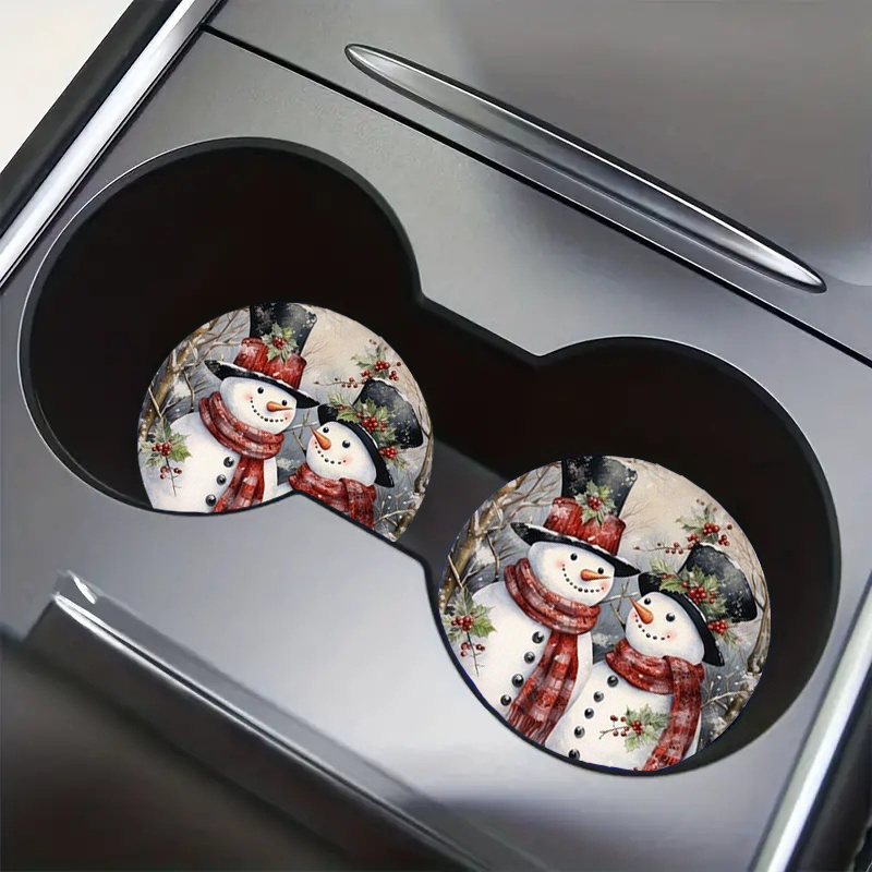 

Festive Christmas Snowman Couple Coasters - 2.75" Round, Silicone, Car Interior Cup Holder Decoration - Gift For Friends