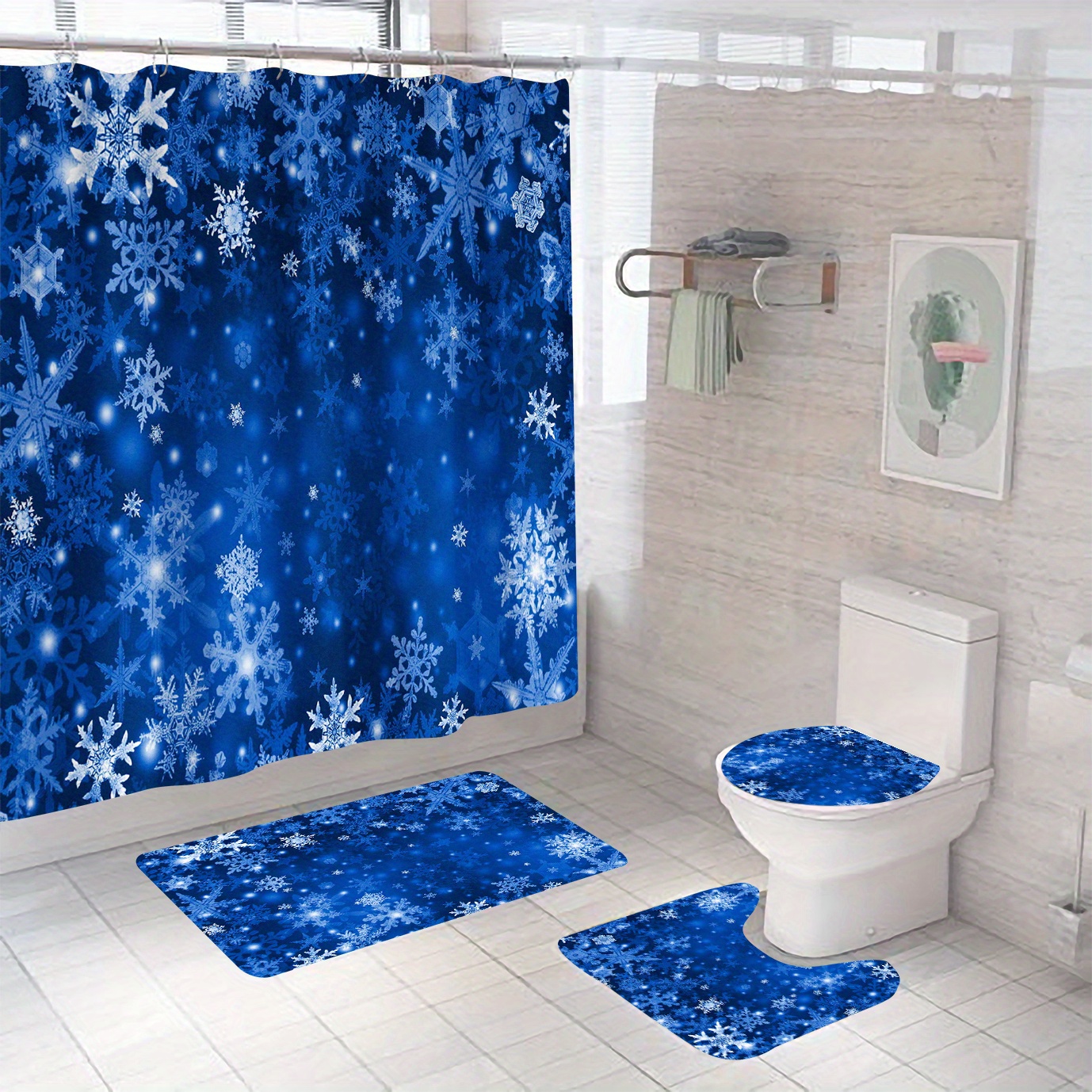 

Christmas Snowflake Bathroom Shower Curtain Set With Non-slip Bath Mats, U-mat, Toilet Lid Cover - Water-resistant Polyester Knit Fabric, Includes 12 Hooks, Art Theme Decor, - 180x180cm