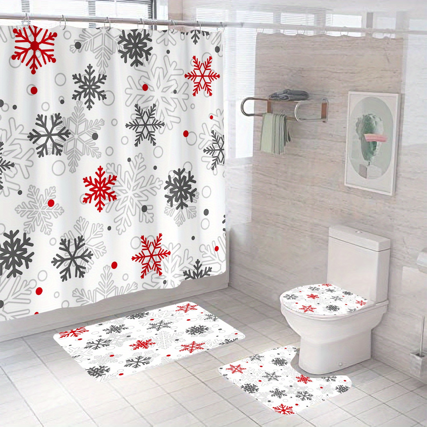 

1/4pcs Christmas Curtain Set Carpet, Christmas Bathroom Decoration, Bathroom Accessories Including Bathroom Carpet, U-shaped Pad, Pad, 180x180cm Curtain 12