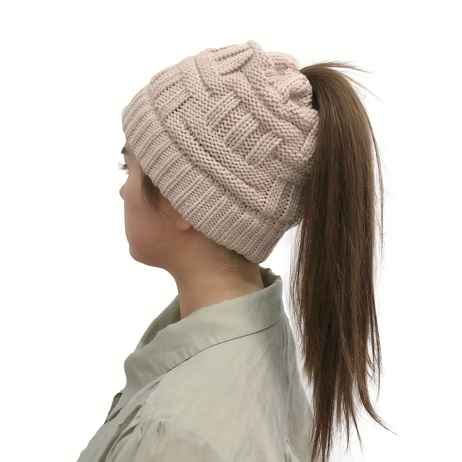 女性用ポニーテールビーニーハット、 カラーストレッチかぎ針編み乱雑 