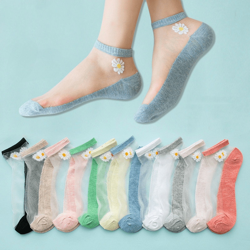 

10 Pair Floral & Liner Socks For Women, Ultra-thin Transparent Polyester Knit, Daisy Flower Mesh Ankle Socks, Hand Wash - Assorted Colors