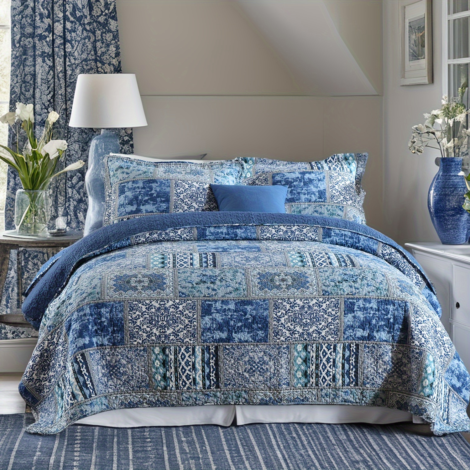 TEMU 3pcs Bohemian Bedspread - Hand-quilted Lightweight Comforter With Pillows, Retro Starry Bedquilt Suitable For S, Machine-washable Microfiber Cover & Cotton Filling, Bedspread For Bed Or Sofa