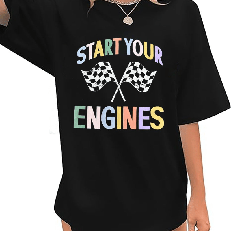 

Oversized Racing Shirts Women Shirt Checkered Flag Race Short Sleeve Tee Top