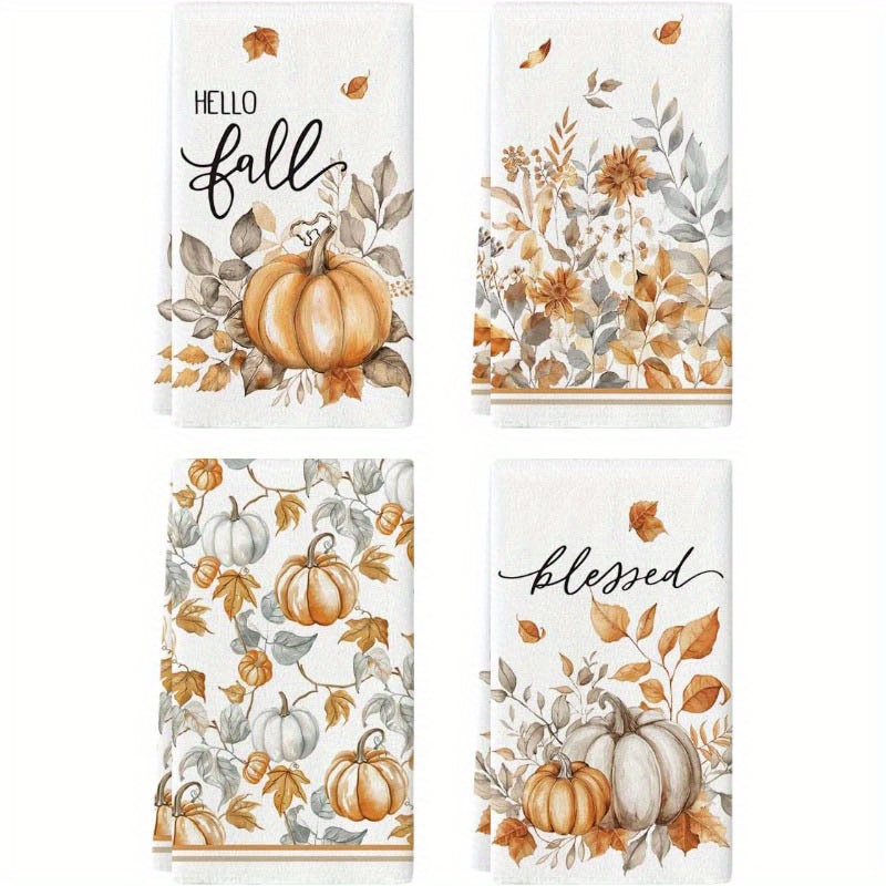 

Autumn Elegance: 4pcs Set Ultra-soft Microfiber Kitchen Towels - Pumpkin & Maple Leaf Design, 18x26", Perfect For Fall Decor