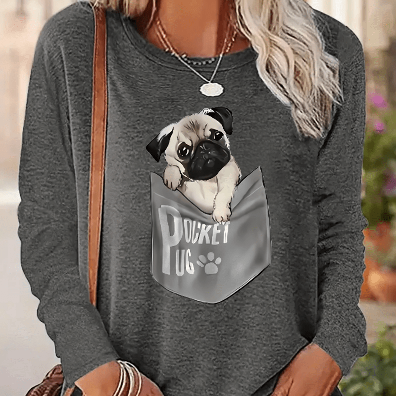 

Cartoon Puppy Graphic Print T-shirt, Long Sleeve Crew Neck Casual Top, Women's Clothing