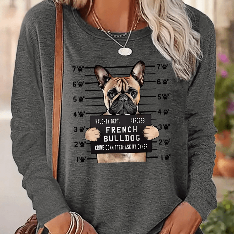 

Women's Crew Neck Long Sleeve T-shirt With French Bulldog Graphic, Casual Knit Polyester With Slight Stretch, Animal Print Pullover Top For All