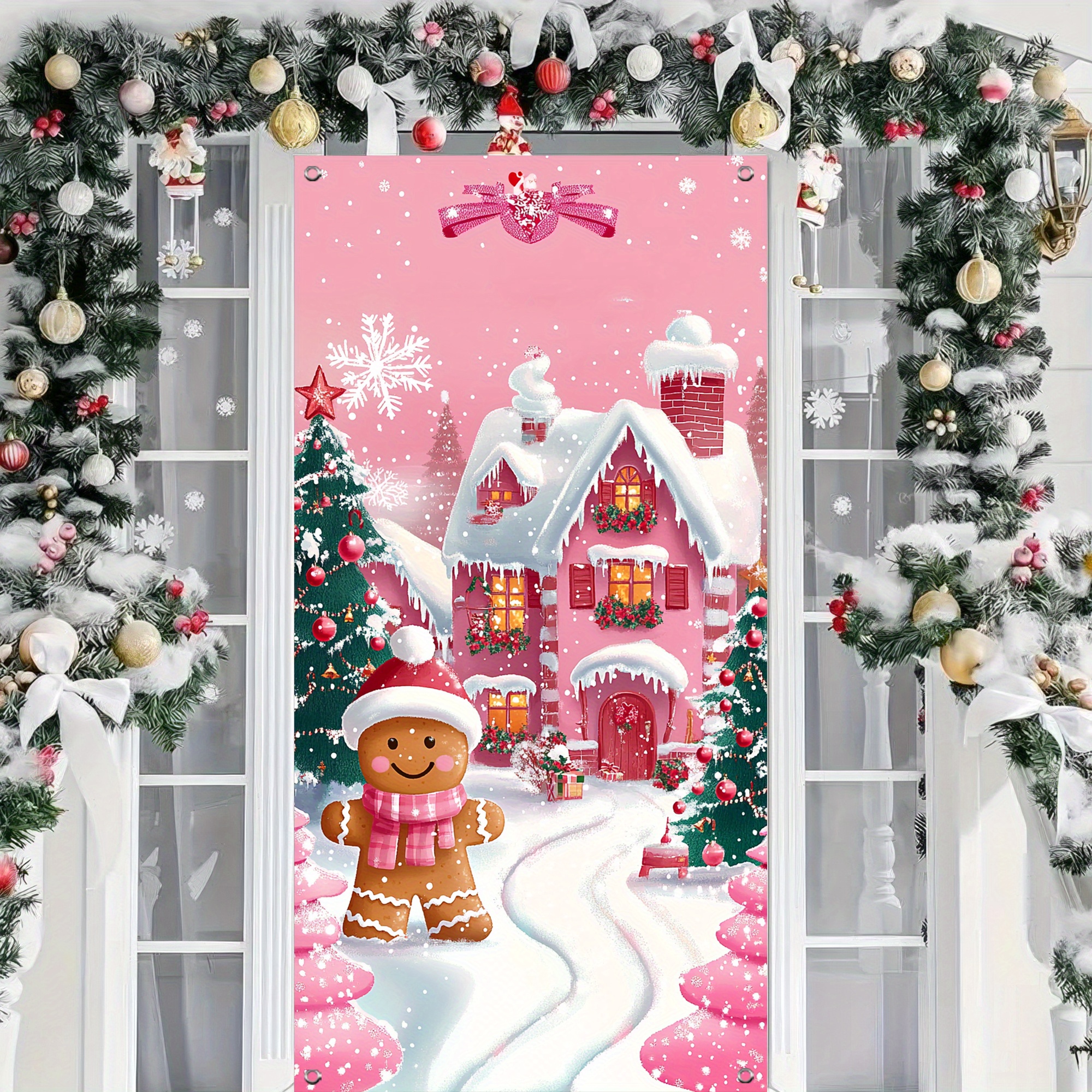 

2d Door Banner 1pc Polyester Christmas Door Cover Banner - 35.4" X " Gingerbread Man & Scene - No Electricity Needed, Fit For Holiday Indoor Decoration