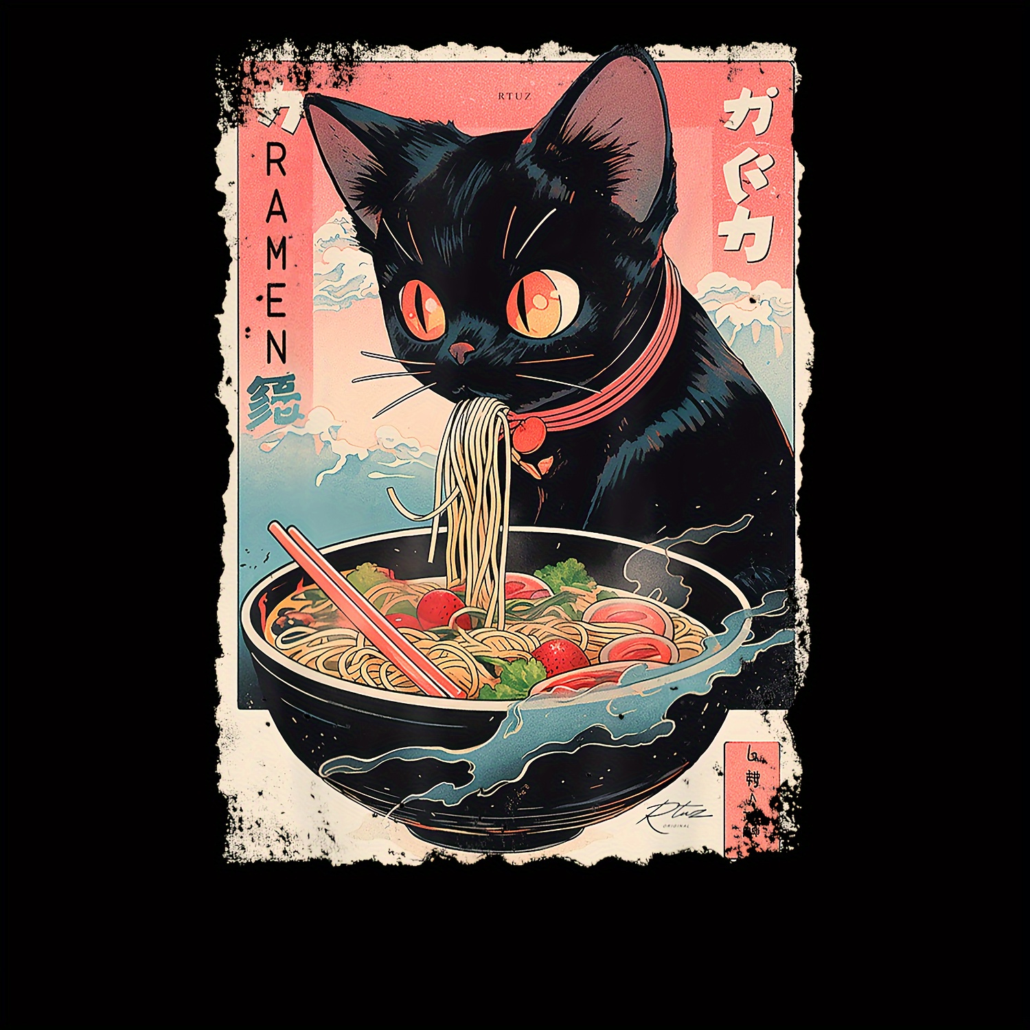 

1 Novelty Iron-on Patch - Vibrant Cartoon Vinyl Applique, Diy T-shirts, Hats, Bags & Cushions - Japanese Cat Eating Noodles Embroidery Sticker