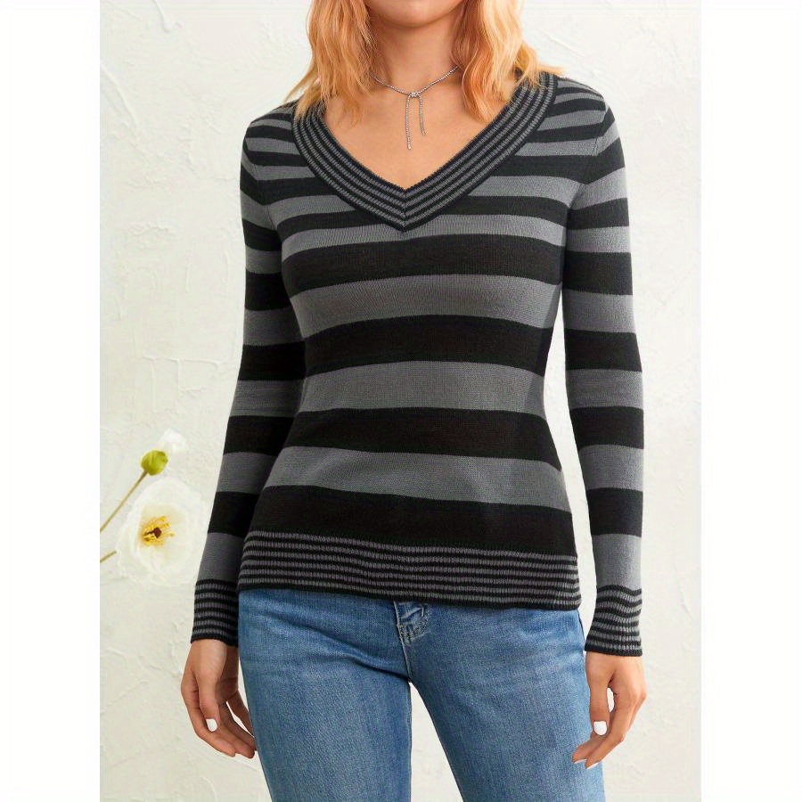 

Stripes Print V Neck Pullover Sweater, Casual Long Sleeve Slim Knitted Sweater For Fall & Winter, Women's Clothing