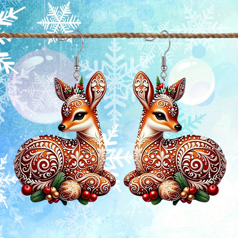 

Christmas Reindeer Earrings For Women - Acrylic Drop & Dangle Earrings, Stainless Steel Ear Needle, Non-feathered, All-season Festive Party Jewelry Accessory, No Plating - 1 Pair