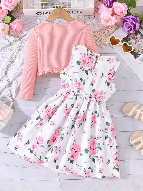 little girls dress and cardigan sets bow floral sleeveless dress long sleeve ruffle shrug 2pcs outfit