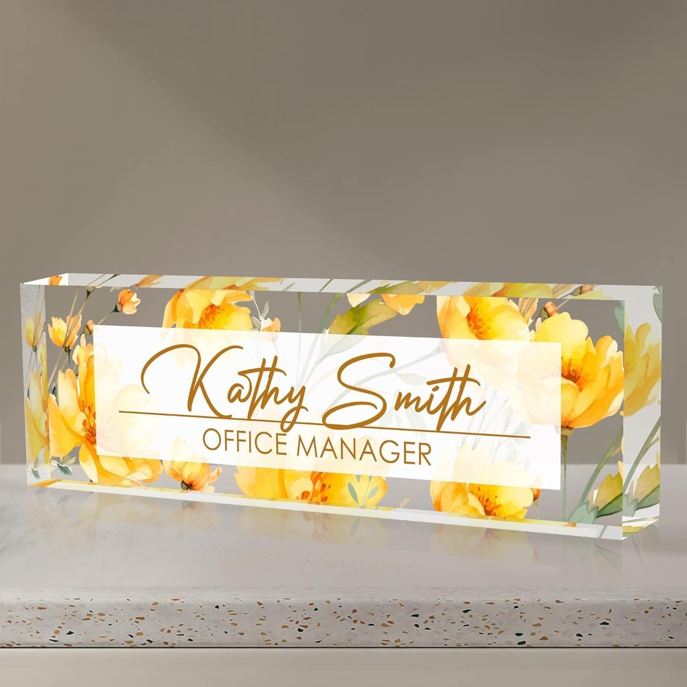 

1pc Custom Acrylic Desk Name Plate, Floral Design - Personalized Table Sign For Workplace Decor & Professional Graduation Gift