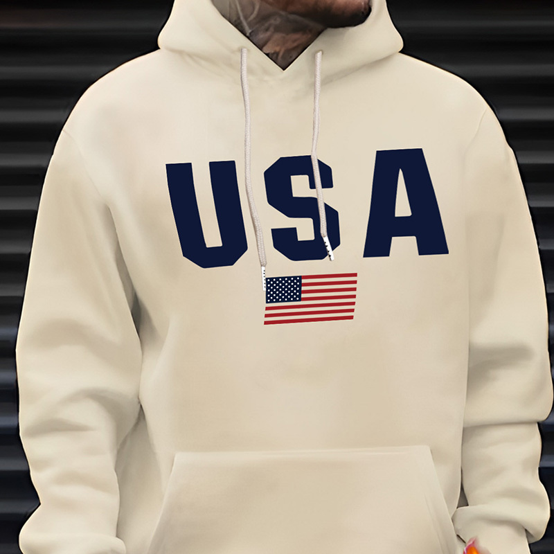 

Men's Usa Print Casual Hoodie Fashion Drawstring Hooded Sweatshirt Polyester Knit Fabric Regular Fit Long Sleeve Comfortable Versatile Autumn Winter Top