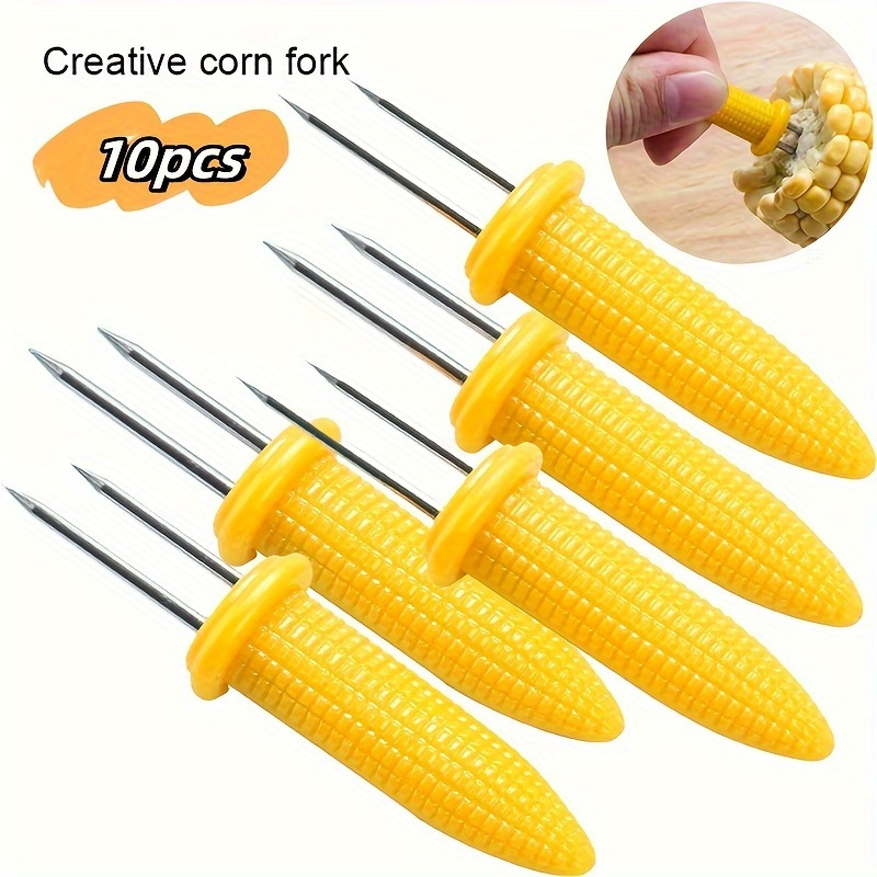 TEMU 10pcs Stainless Steel Corn Forks - Creative Corn Holders For Bbq, Picnic, Outdoor, Grilled Vegetables & Fruits