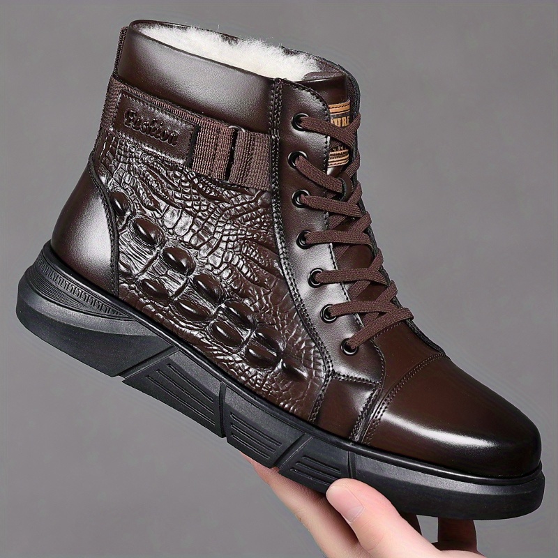 

Men's High-top Fashion Sneakers, Genuine Cow Upper, Fabric Lining, , Warm Plush Lining, Non-slip, With Crocodile Pattern, For Casual Lace-up Boots