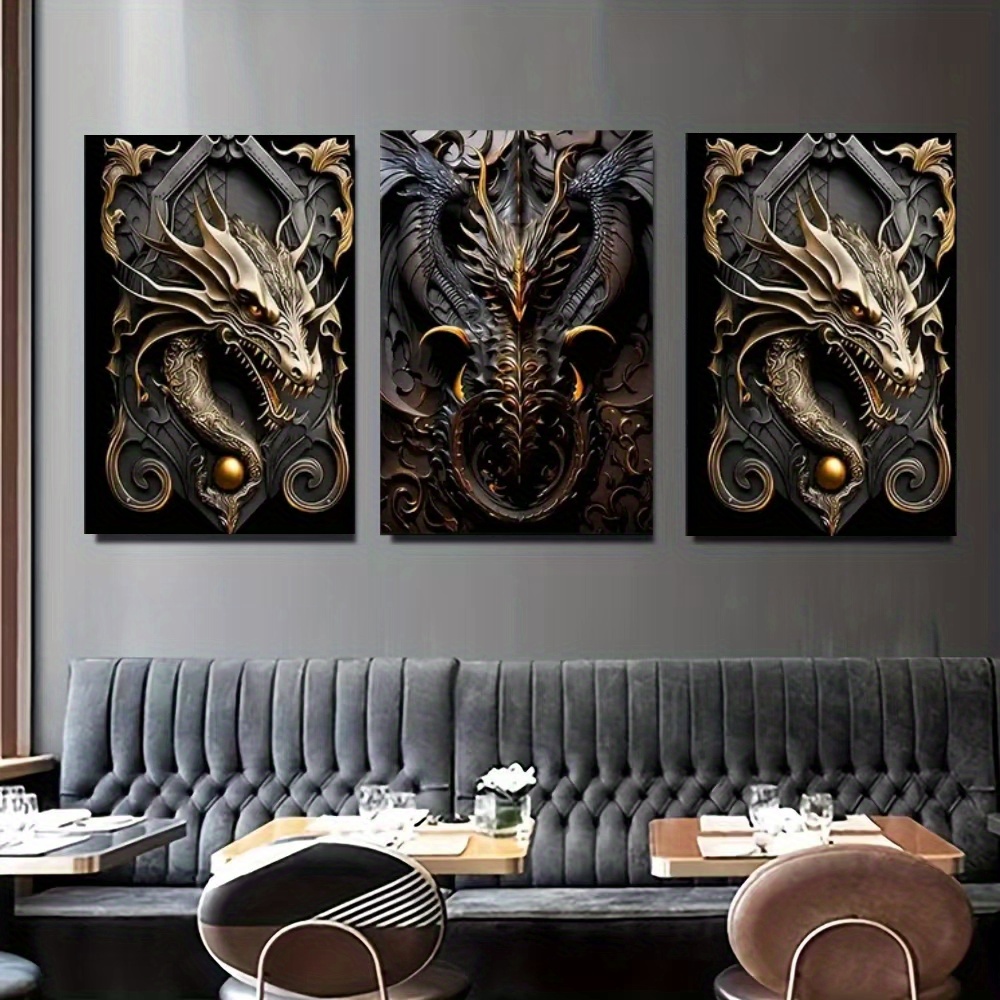 

3pcs Framed Canvas Abstract Black And Golden Dragons Painting, Printed Canvas Wall Art Set, Artwork Wall Painting For Gift, Bedroom, Office, Living Room, Wall Decor, Home And Dormitory Decoration