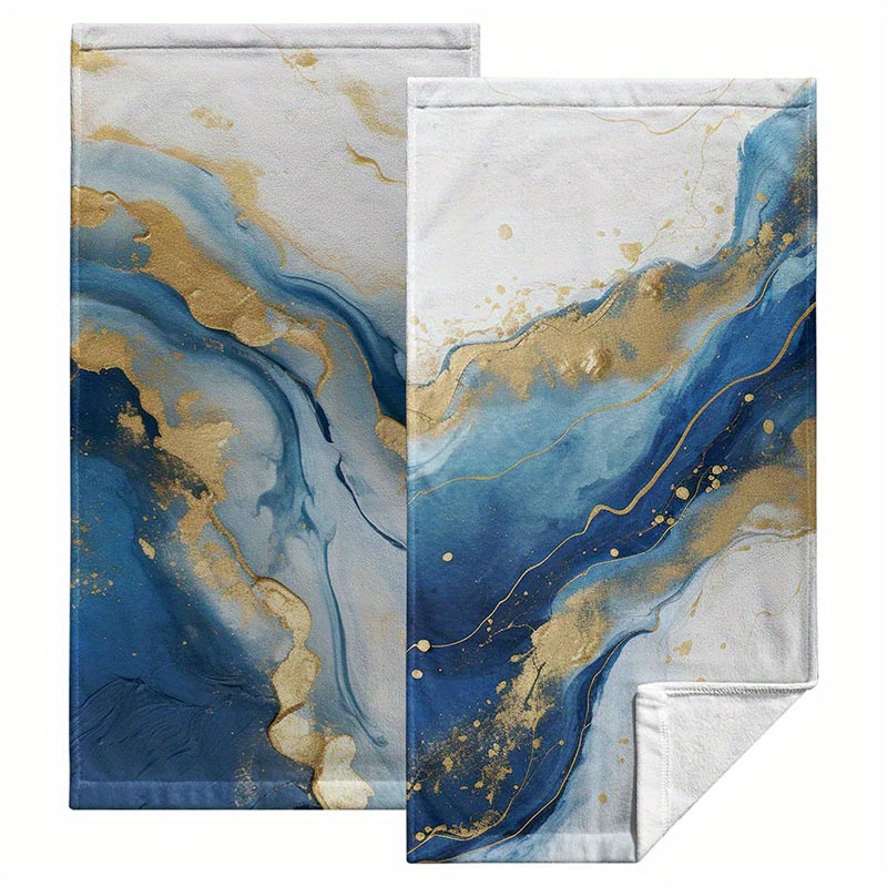 

2pc Blue Marble Hand Towels: Modern Kitchen Towel With Golden Foil Design, 18x26in, Soft Absorbent Cotton, Machine Washable, Contemporary Style