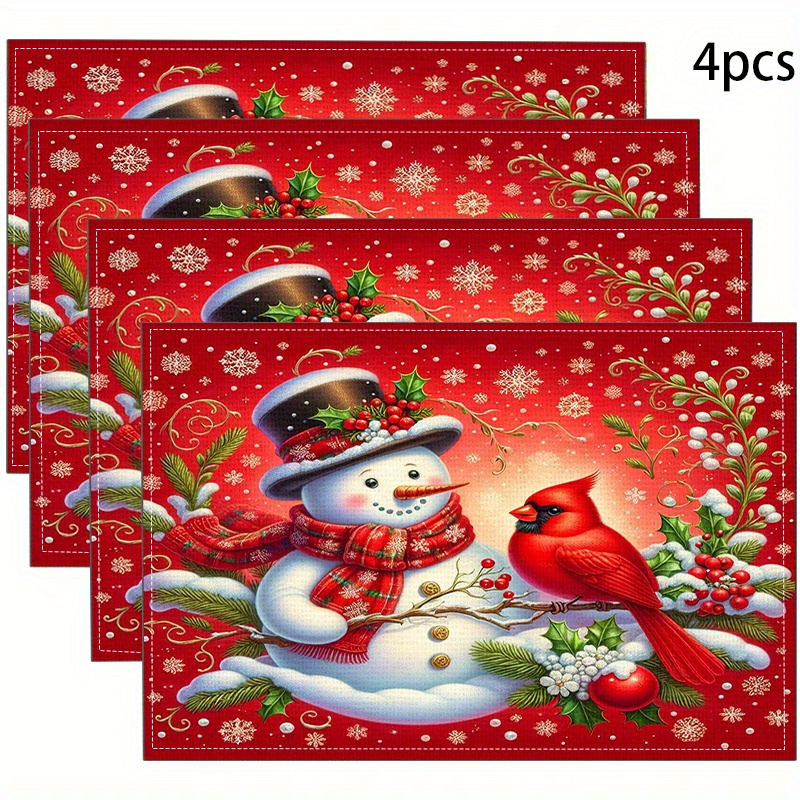 

4pcs Christmas Themed Snowman And Placemats Set - 100% Linen Woven Table Mats, Heat Resistant, Square, Machine Washable For Home And Dining Decor