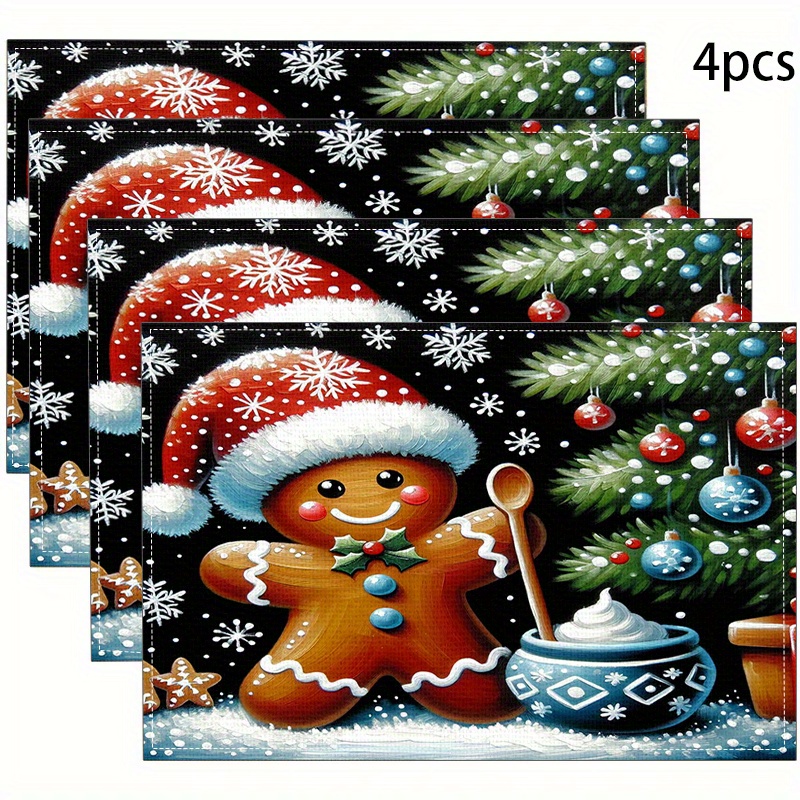 

Set Of 4 Christmas Theme Placemats - 100% Linen Woven Square Table Mats With Gingerbread Man Design, Machine Washable, Heat Resistant, Modern Holiday Decor For Dining