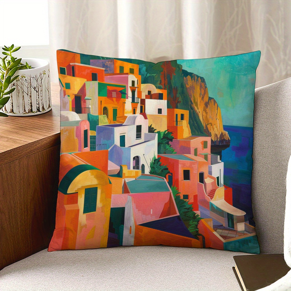 

1pc, Retro Oil Painting Style Cushion Cover (18"x18"), Seaside Town Sunset Design, Decorative Throw Pillowcase For Sofa, Bed, Car, Living Room, Home Decor, No Insert