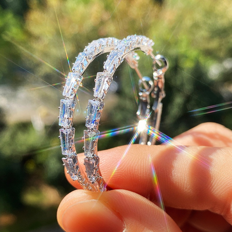TEMU Stunning Silvery Crystal Zirconia Hoop Earrings - Add To Any Outfit