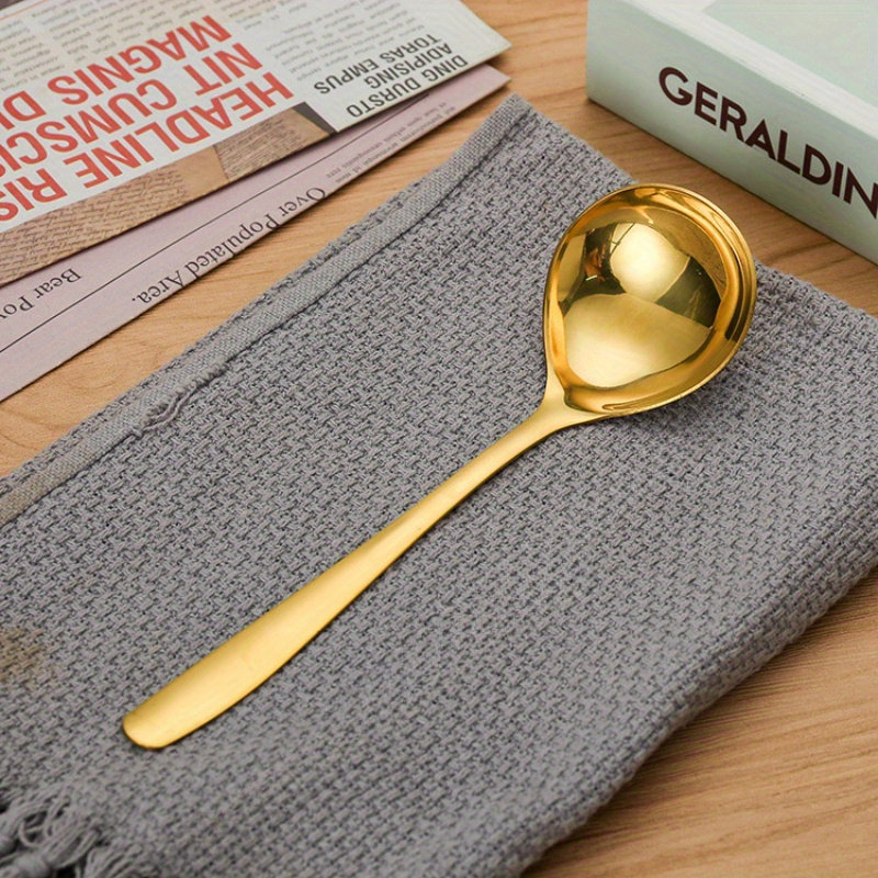 TEMU 1pc Large Heavy-duty Golden Stainless Steel Serving Ladle Spoon - Professional-grade Long Handle Soup Ladle With Round Head For Hot Pot,