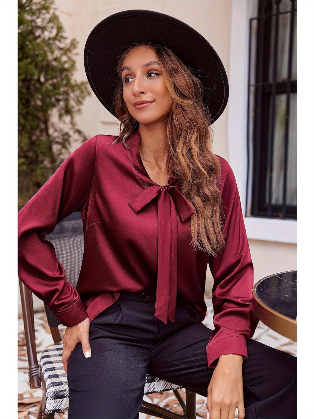 silk women satin blouses bow tie neck long sleeve - Temu