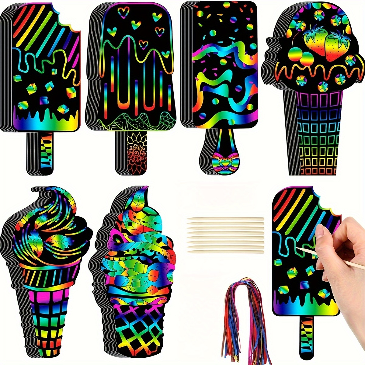 

48 Pieces Ice Cream , 24 Wooden Stylus, 48 Ribbons: Rainbow Summer Diy Card Art, Ice Cream Ornament Crafts, Card, Birthday Party, Classroom Diy Activities