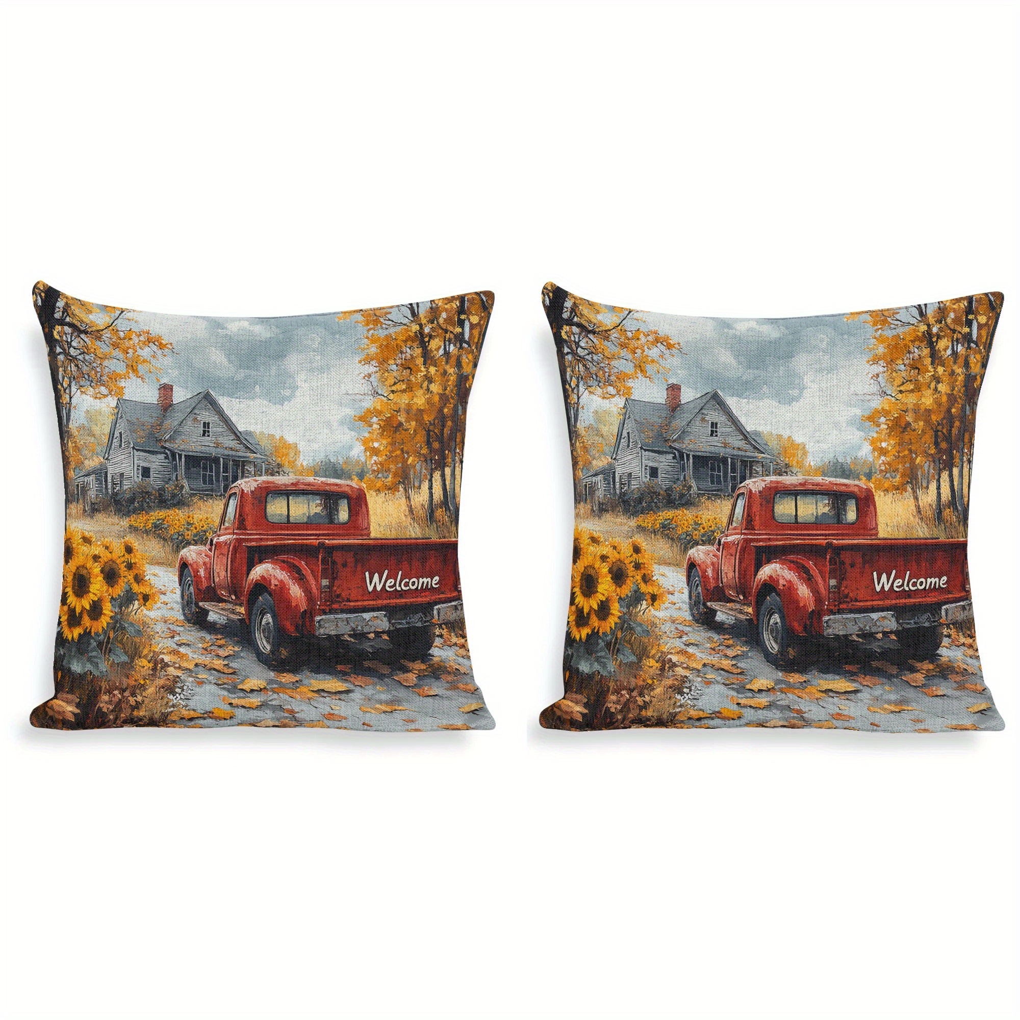 

2-pack Decorative Throw Pillow Covers, Autumn Red Truck Sunflower Design, 18x18 Inch, Linen Zippered Cushion Cases For Sofa, Chair, Bed, And Home Decor - Contemporary Style, Hand Washable, Woven