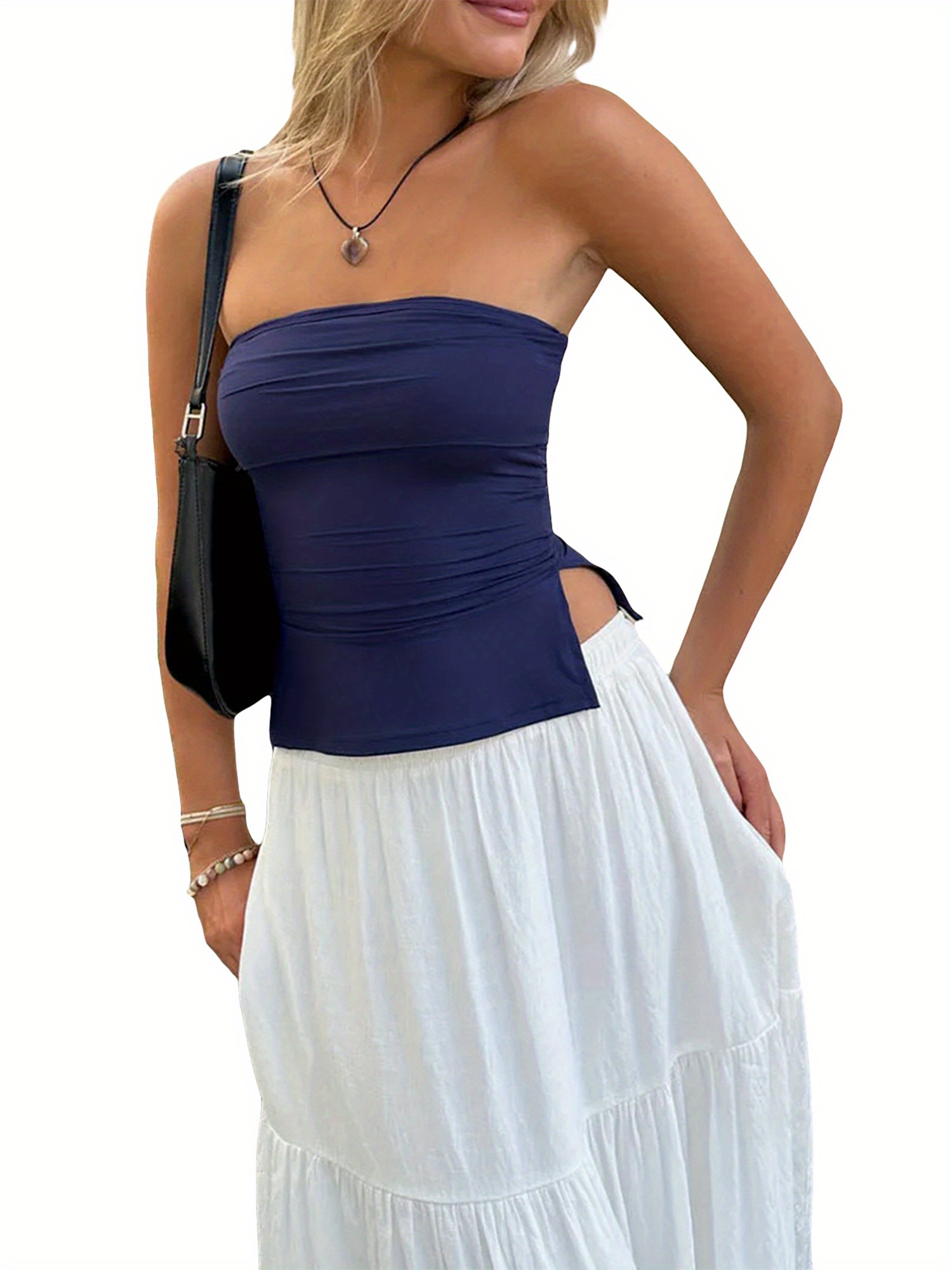 women's chic strapless ruffle hem tube top vibrant red