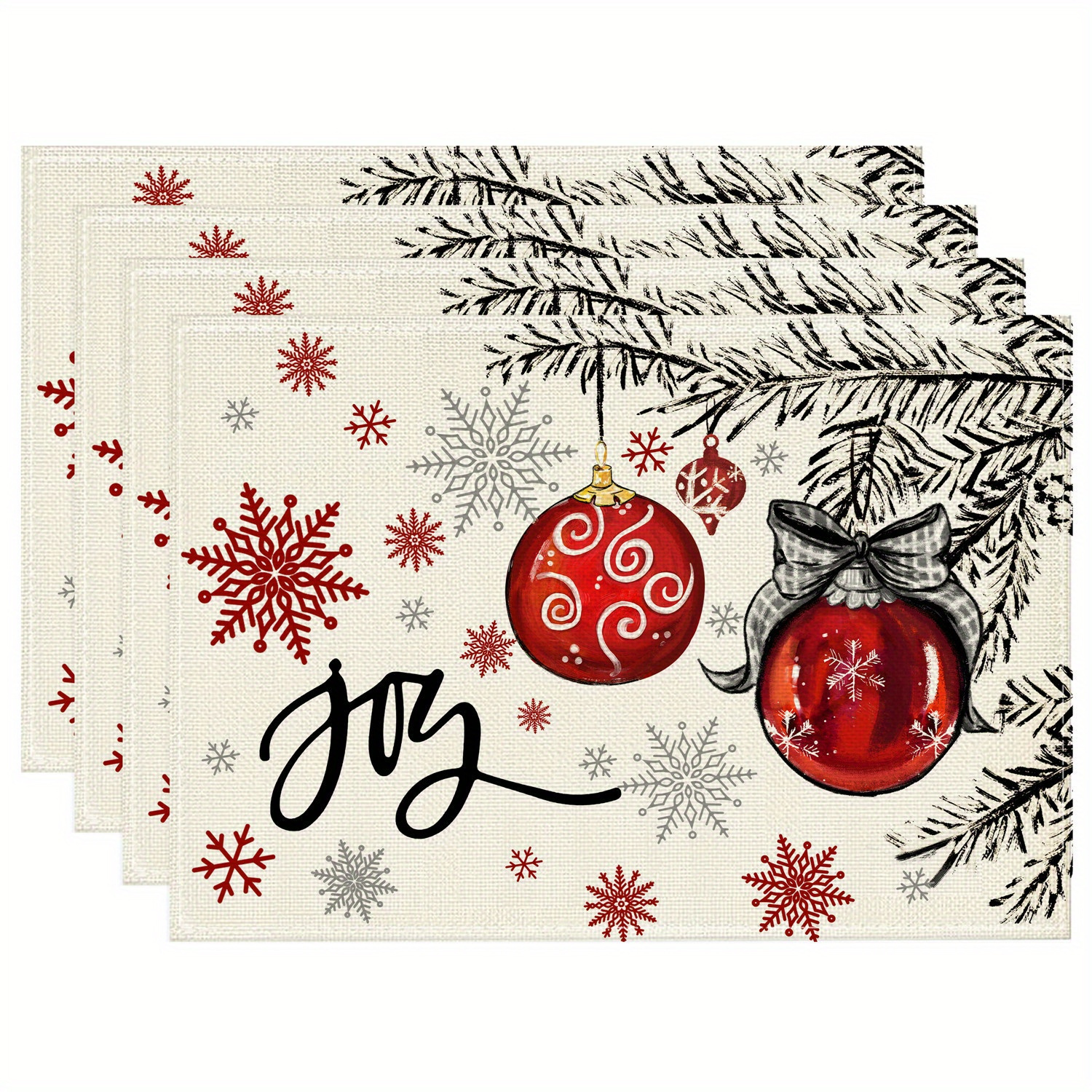 

Festive Hand-painted Christmas Tree And Red Ornament Placemats - 30x45cm, Linen Blend, Machine Washable, Unique Design