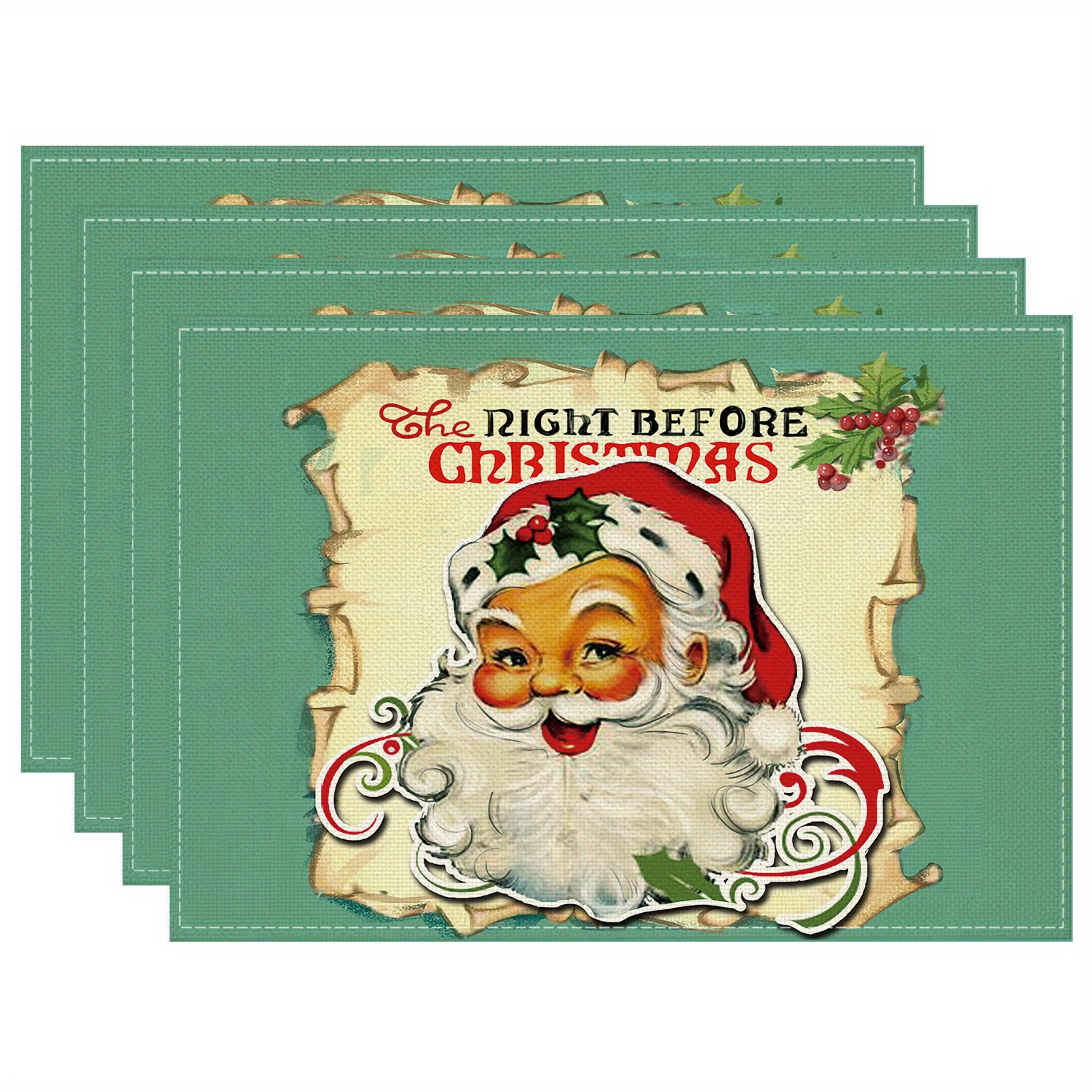 

4pcs Vintage Santa Claus Christmas Placemats, 12 X 18 Inch , Rectangular Table Pads For Holiday Dining And Kitchen Decor, Rustic Party Decorations