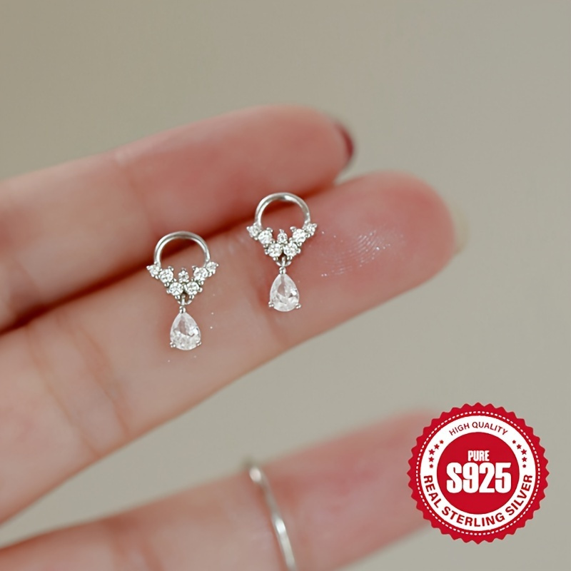 

Water Stud Earrings 925 Sterling Silver Hypoallergenic Jewelry Zirconia Inlaid Elegant Classic Female Earrings