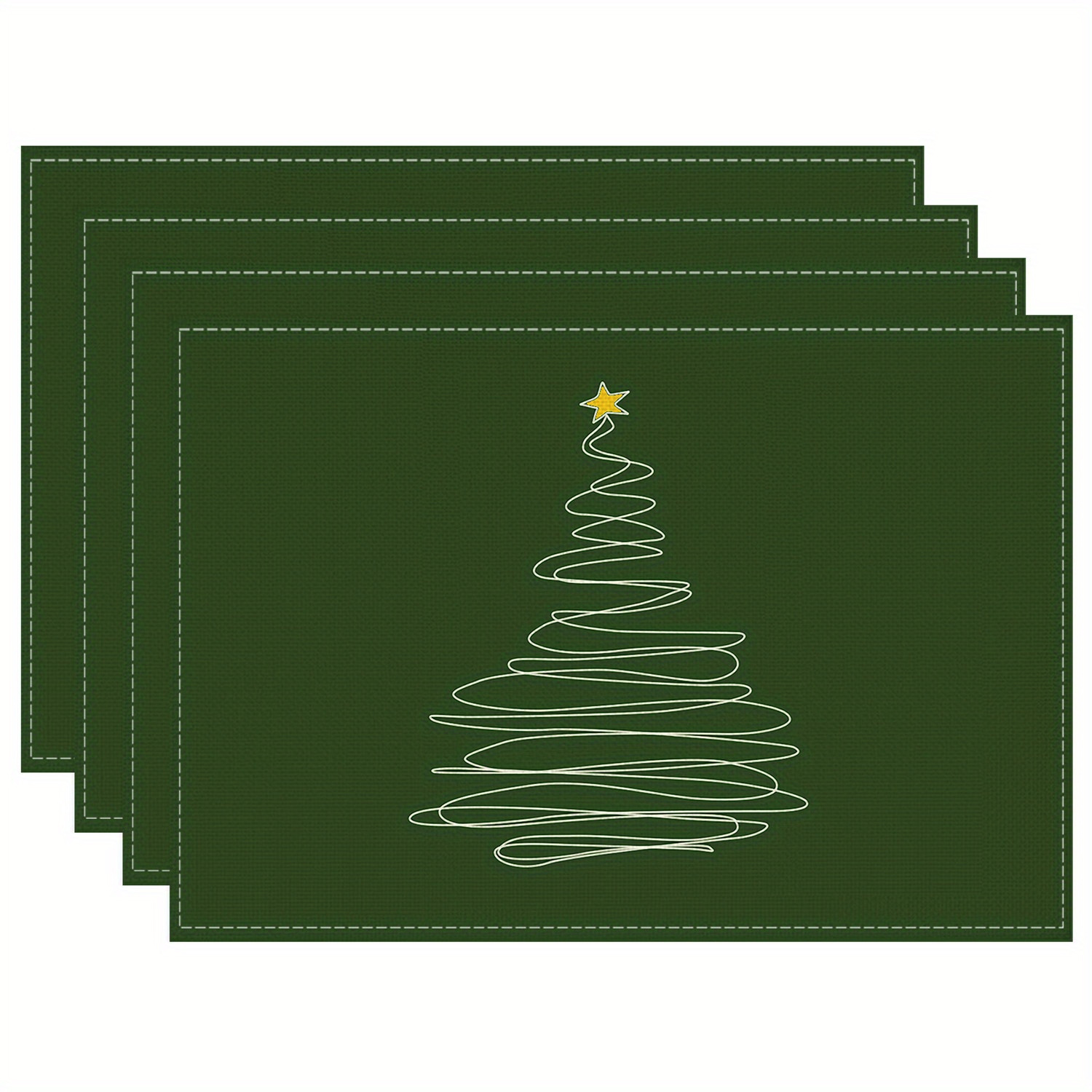 

4pcs Set Christmas Placemats - Green , Rustic Vintage Design With Tree, Holiday Dining & Kitchen Decor