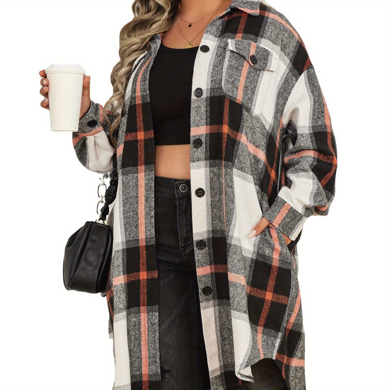 

Womens Plus Size Flannel Plaid Shirts Long Sleeve Lounge Lapel Boyfriend Button Down Tartan Long Jacket Coats