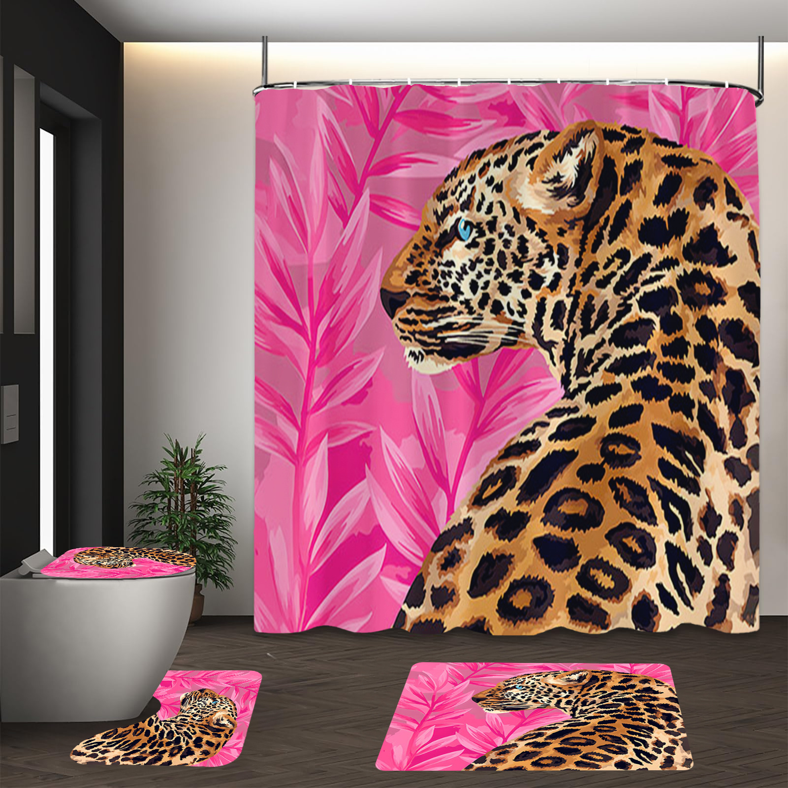 

1/3/4pcs Curtain Print Leopard Abstract Shower Curtain 4 Piece Set, Bathroom Waterproof Decoration, Bathroom Accessories, Including Bathroom Carpet, U-shaped Pad, Toilet Seat Cover Pad, With 12 Hooks